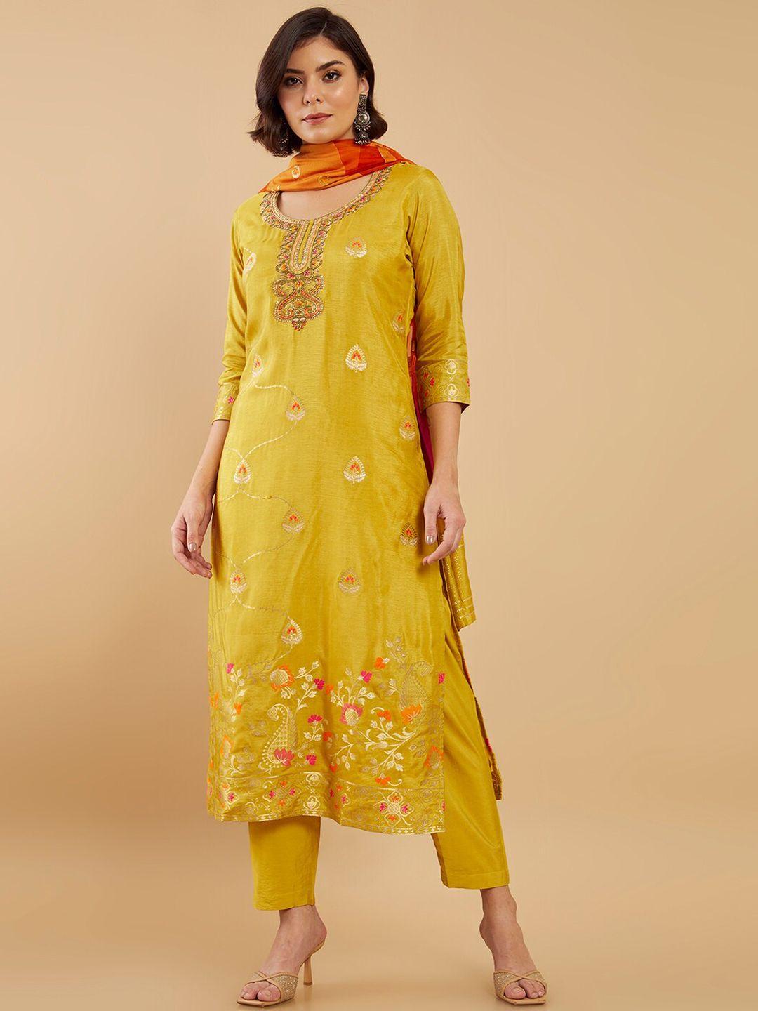 soch-women-mustard-yellow-floral-embroidered-kurta-with-trousers-&-dupatta
