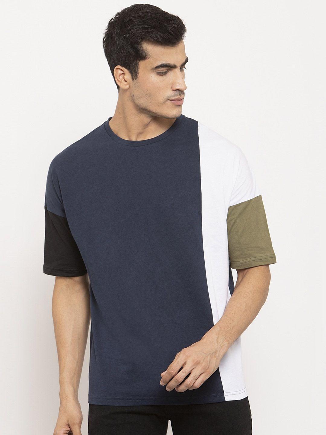 door74-men-blue-&-white-colourblocked-extended-sleeves-boxy-cotton-t-shirt