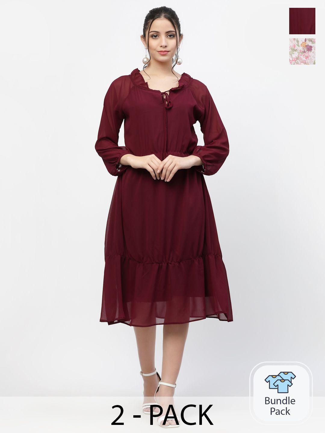 miss-ayse-pack-of-2-maroon-&-white-fit-&-flare-dresses