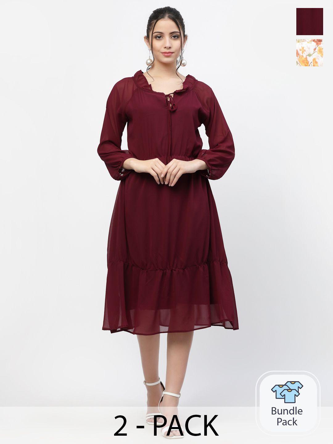 miss-ayse-pack-of-2-maroon-&-white-fit-&-flare-dresses
