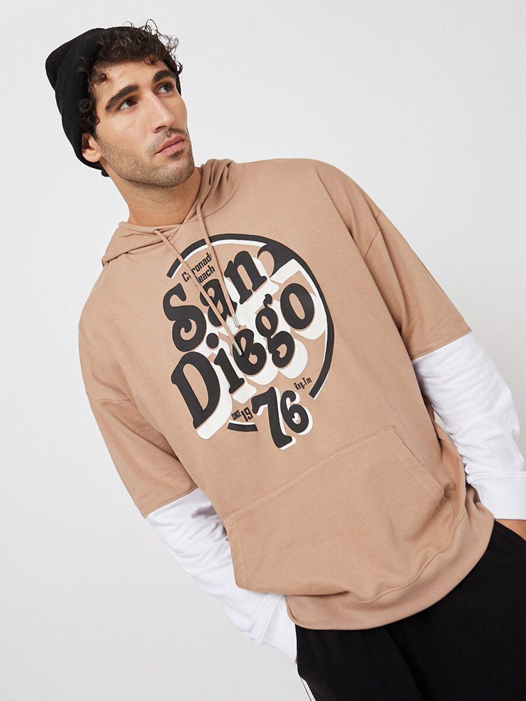 styli-men-beige-printed-hooded-cotton-sweatshirt