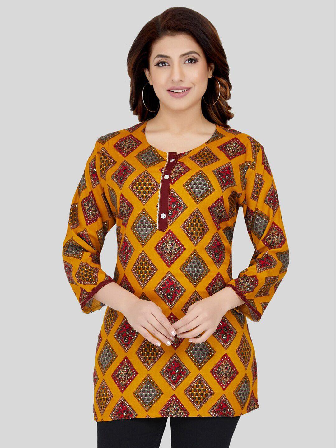 saree-swarg-mustard-yellow-&-maroon-ethnic-motifs-printed-kurti