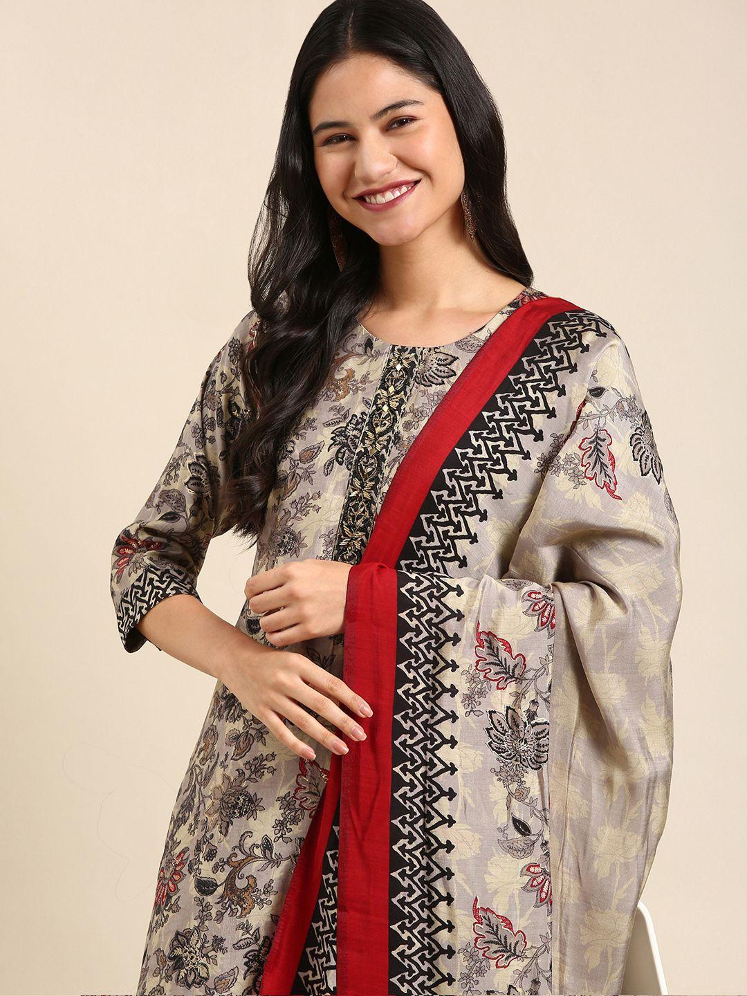 showoff-women-grey-floral-printed-kurta-with-trousers-&-with-dupatta