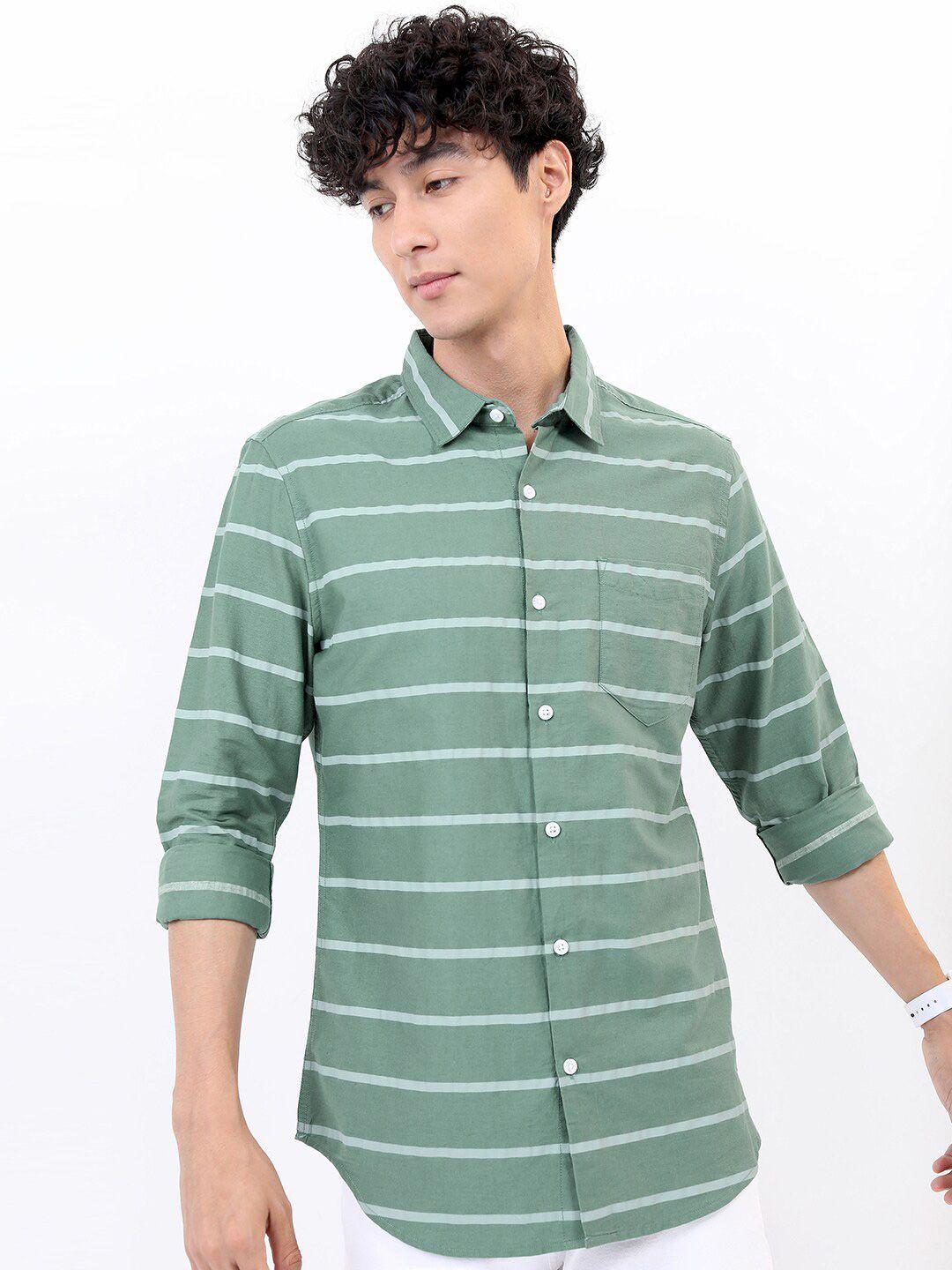 highlander-men-green-slim-fit-horizontal-striped-cotton-casual-shirt