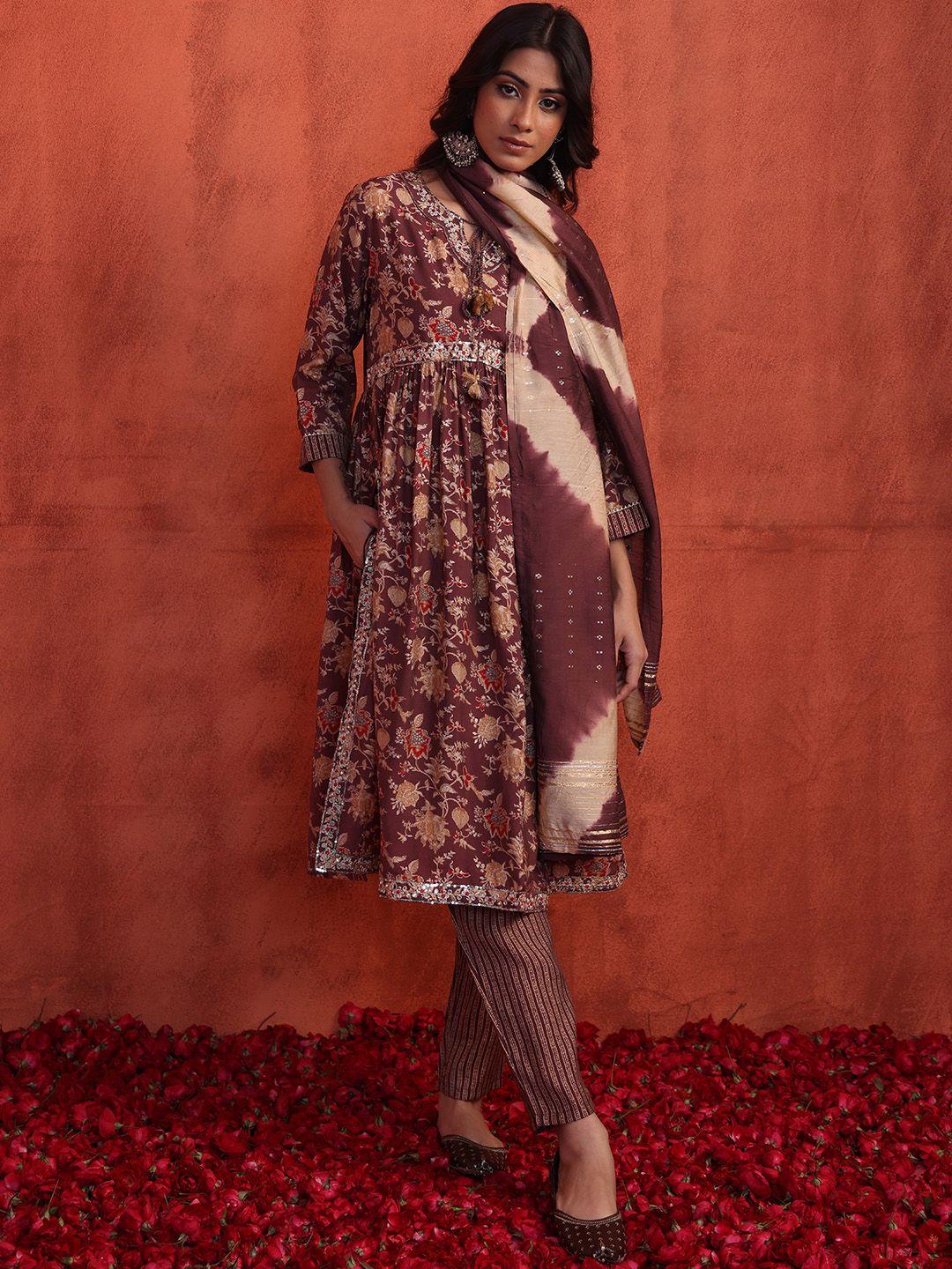 indya-ethnic-motifs-printed-pleated-kurti-with-trousers-&-with-dupatta