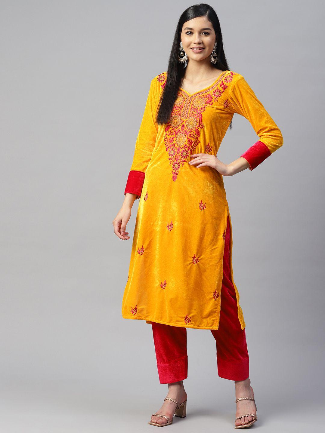 shades-women-floral-embroidered-velvet-kurta-with-trousers
