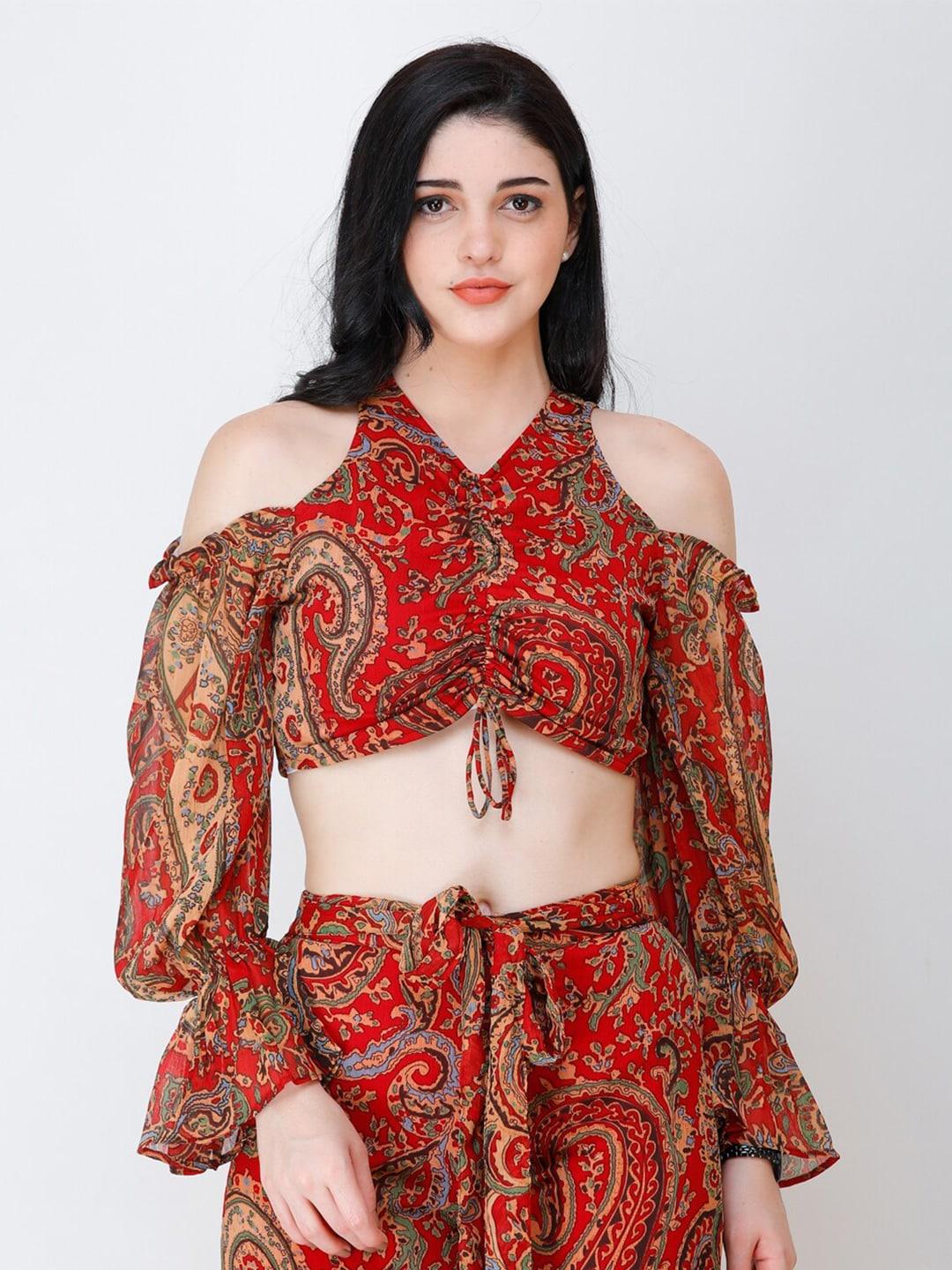 cation-ethnic-motif-printed-chiffon-ruched-crop-top