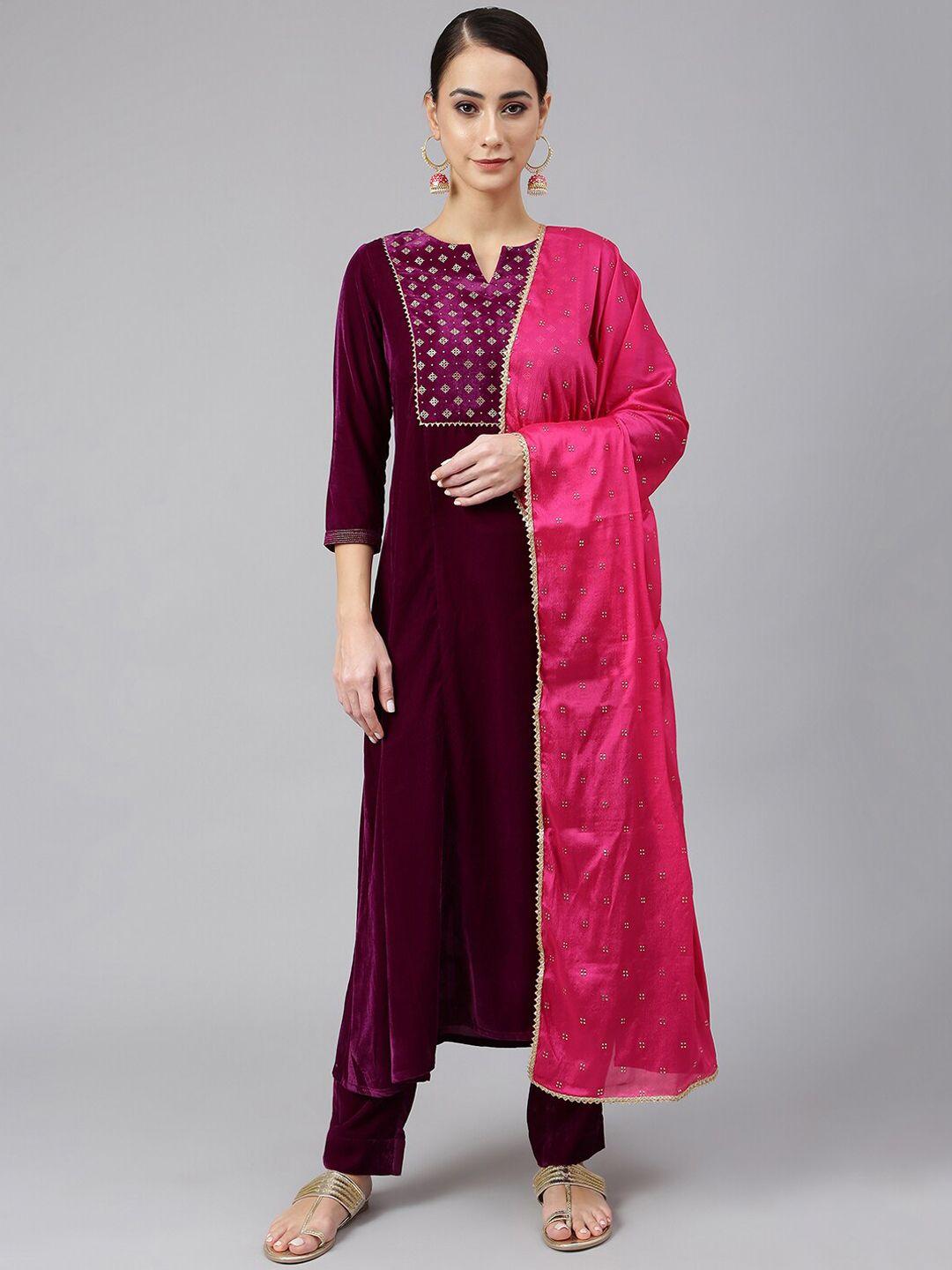 janasya-women-purple-printed-velvet-kurta-with-trousers-&-dupatta