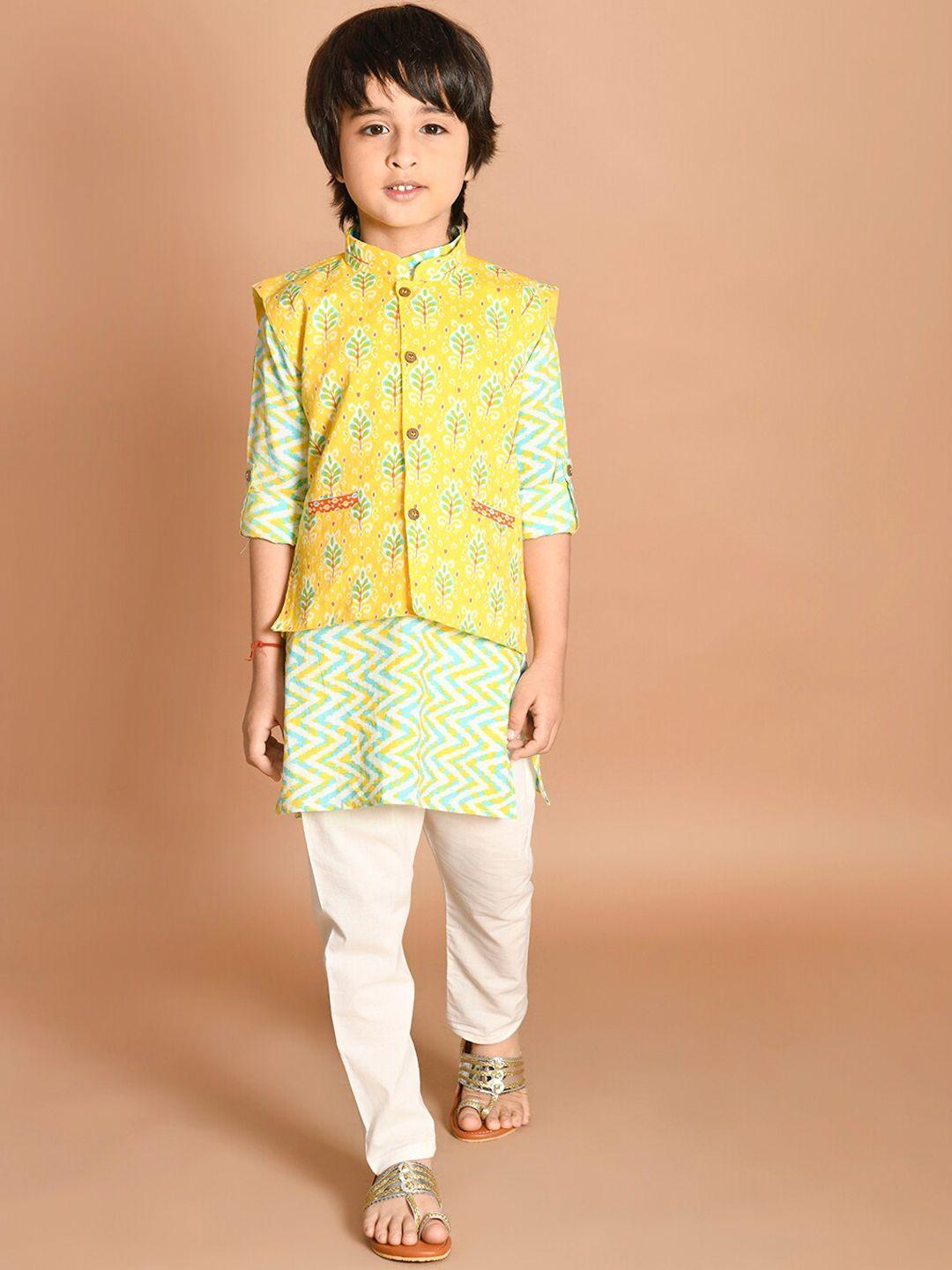 lil-pitaara-boys-green-floral-printed-pure-cotton-kurta-with-pyjamas