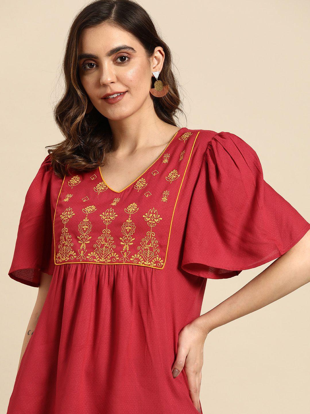 all-about-you-woven-design-v-neck-flared-sleeves-a-line-kurti-with-embroidered-yoke