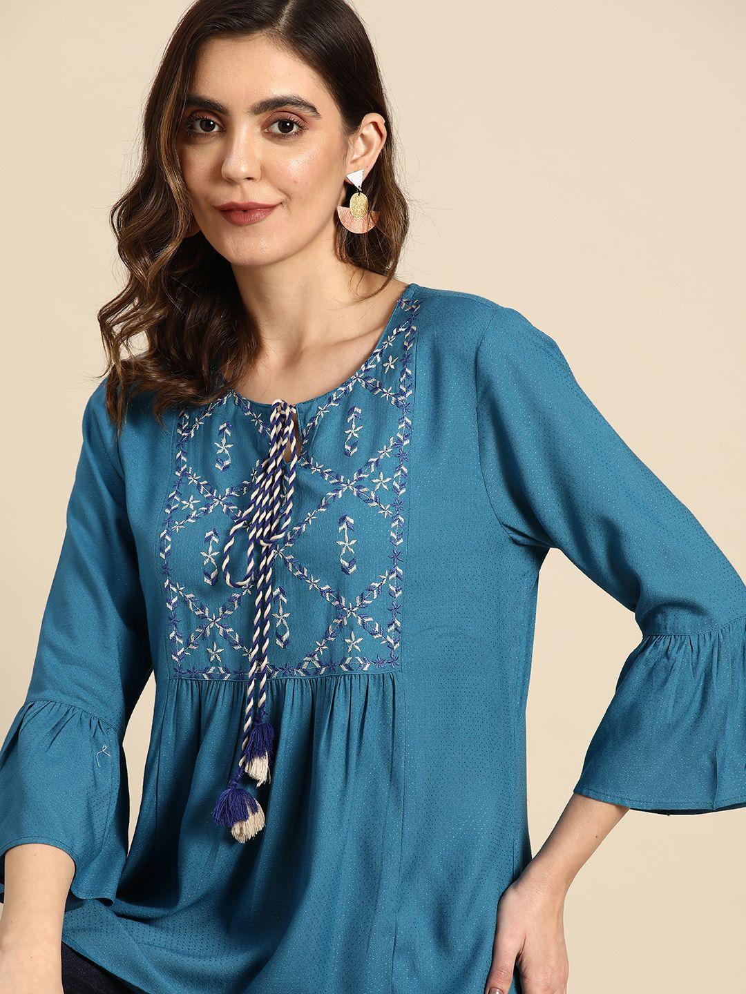 all-about-you-woven-design-tie-up-neck-bell-sleeves-kurti-with-embroidered-yoke
