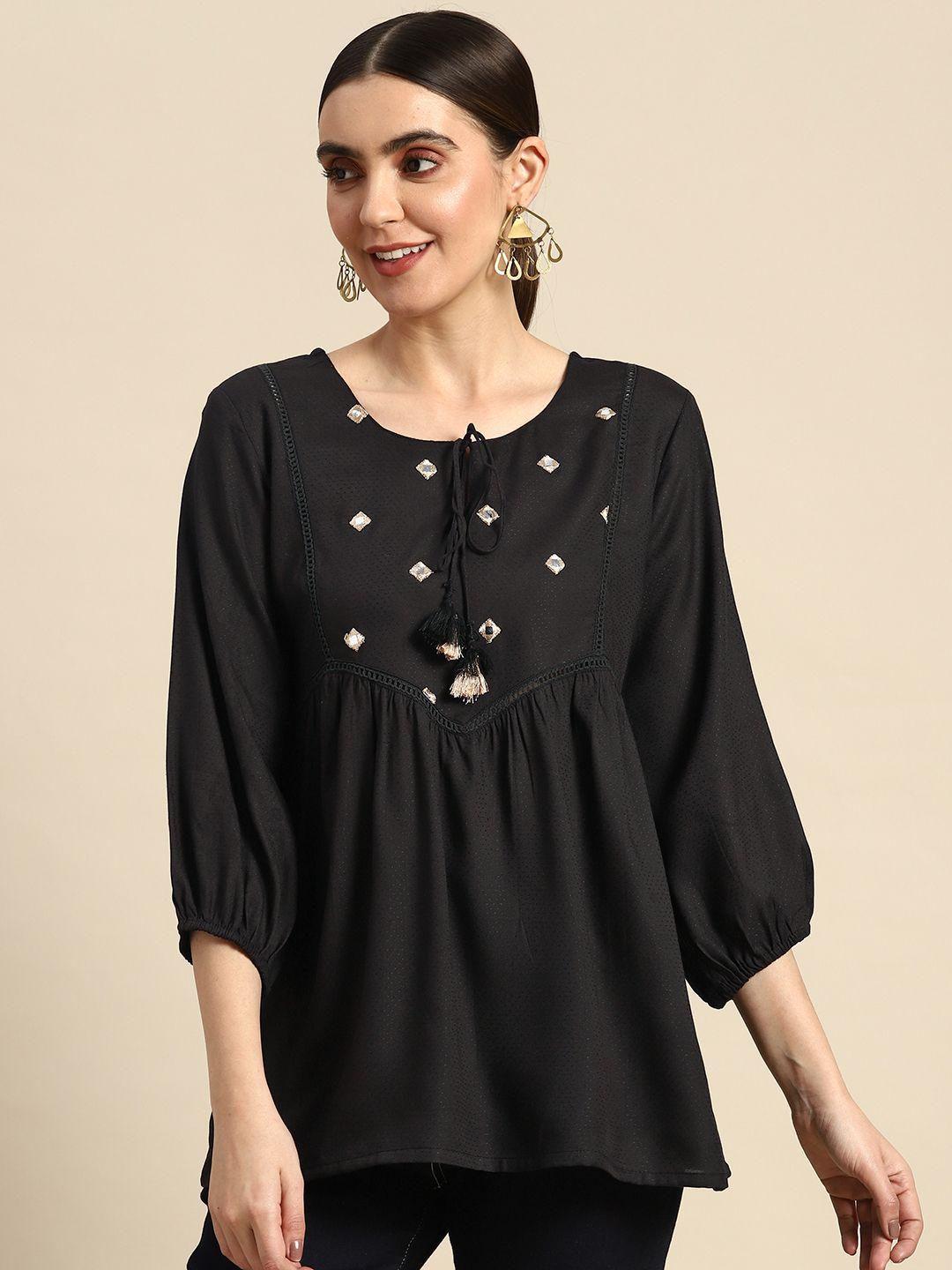 all-about-you-embroidered-mirror-work-tie-up-neck-pleated-kurti