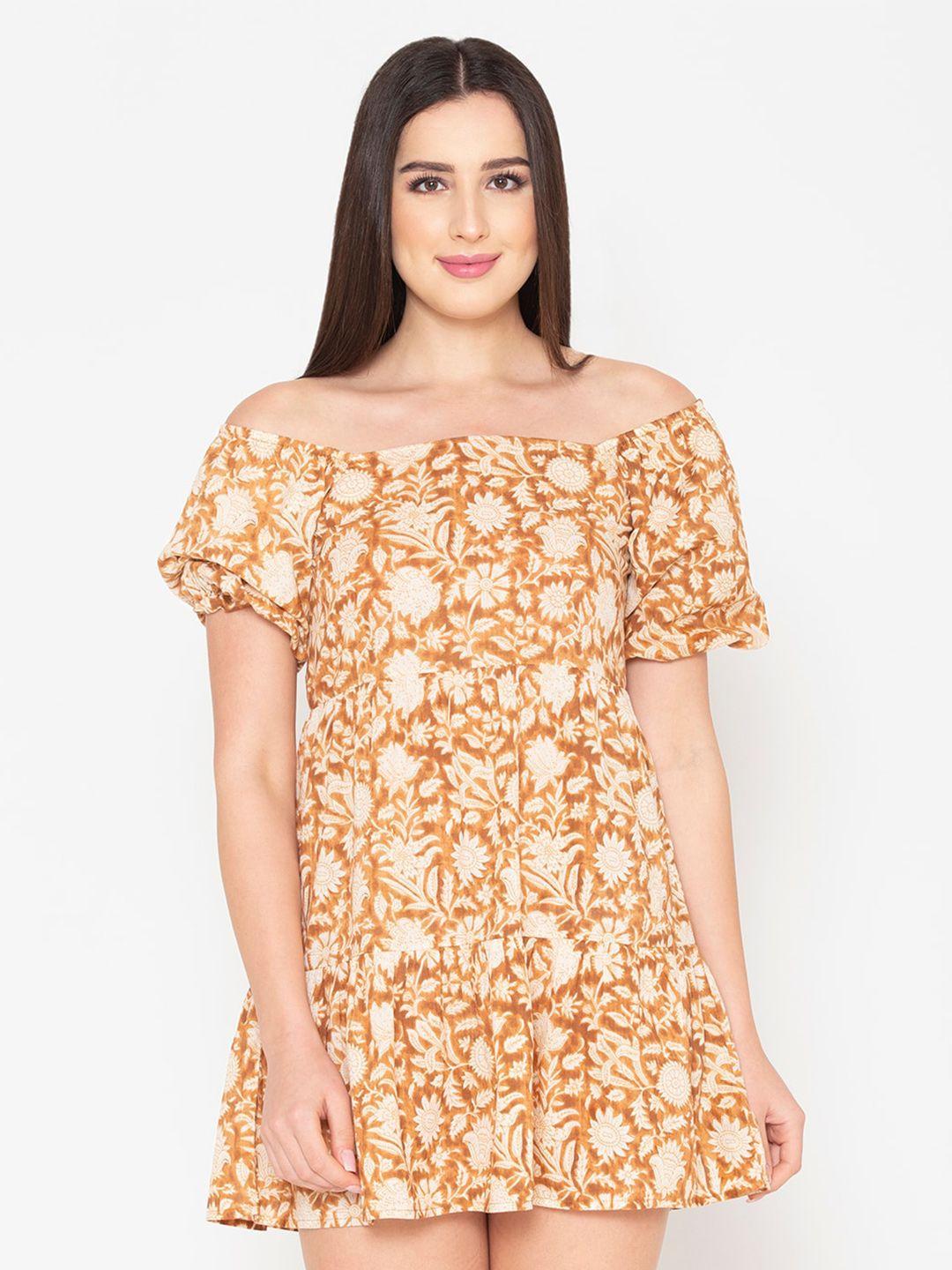 porsorte-brown-floral-off-shoulder-mini-dress