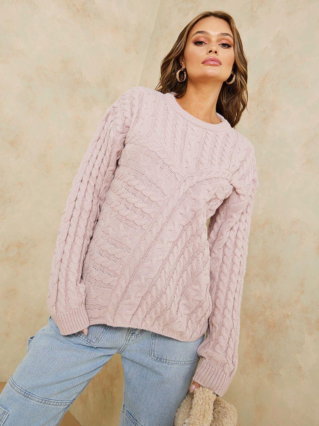 styli-women-pink-cable-knit-pullover