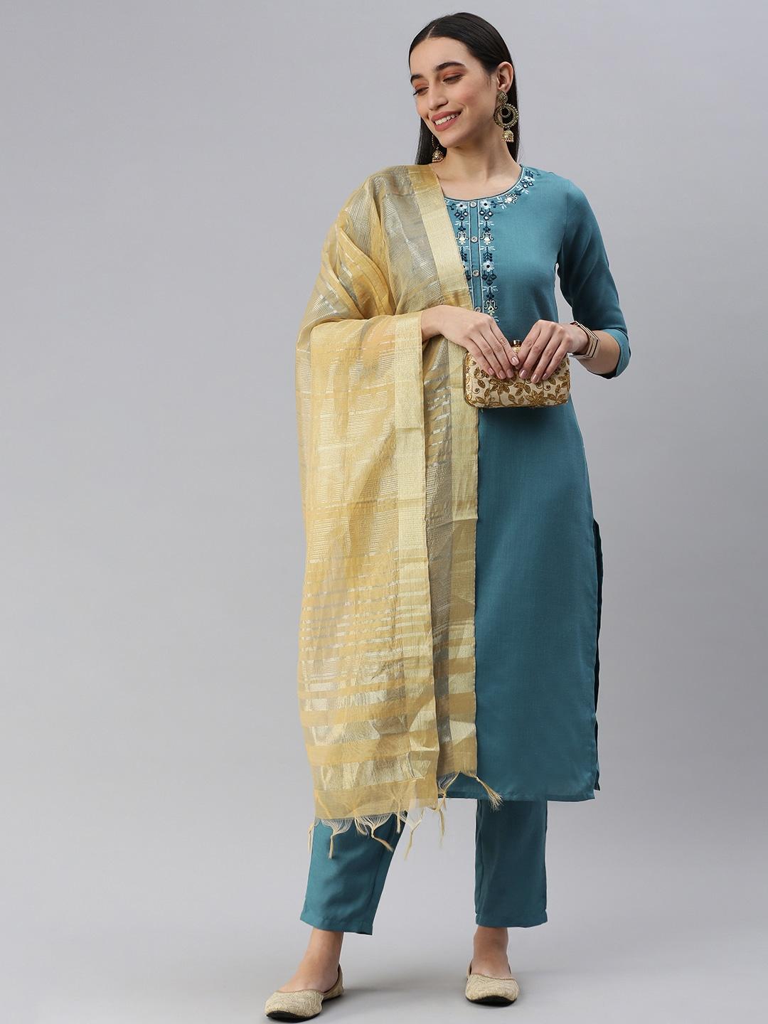 heeposh-women-teal-floral-yoke-design-kurta-with-trousers-&-with-dupatta