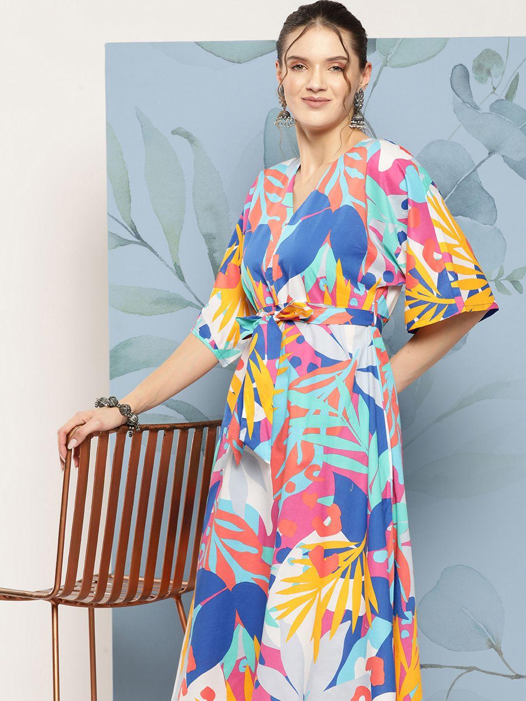 sangria-abstract-print-flared-sleeves-a-line-dress