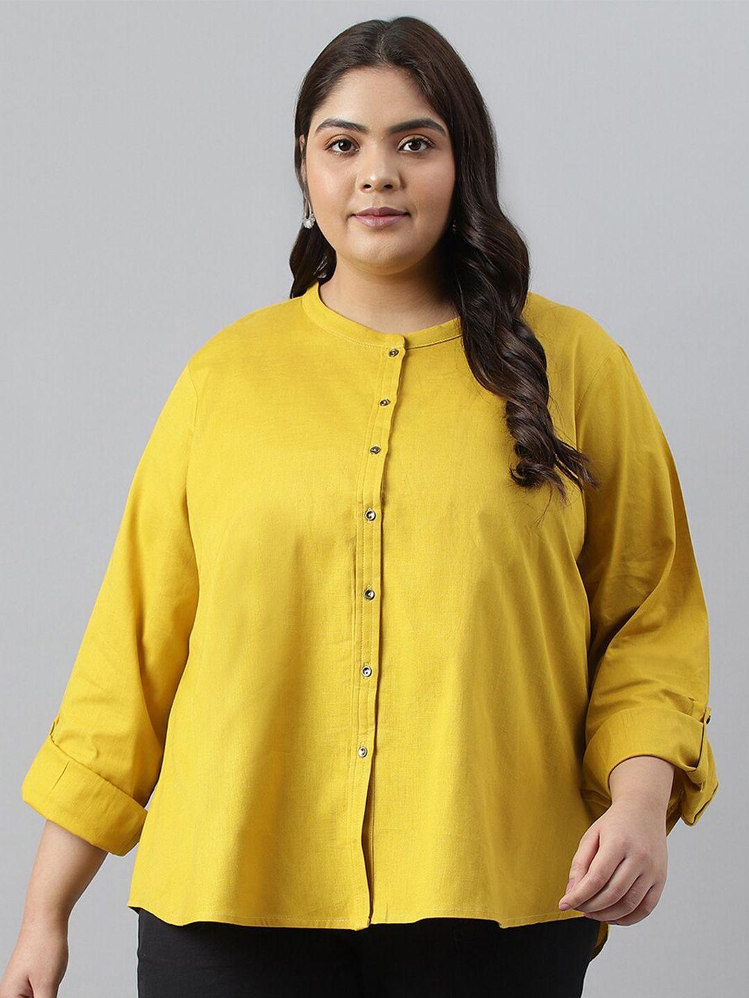 w-plus-size-cotton-roll-up-sleeves-shirt-style-top