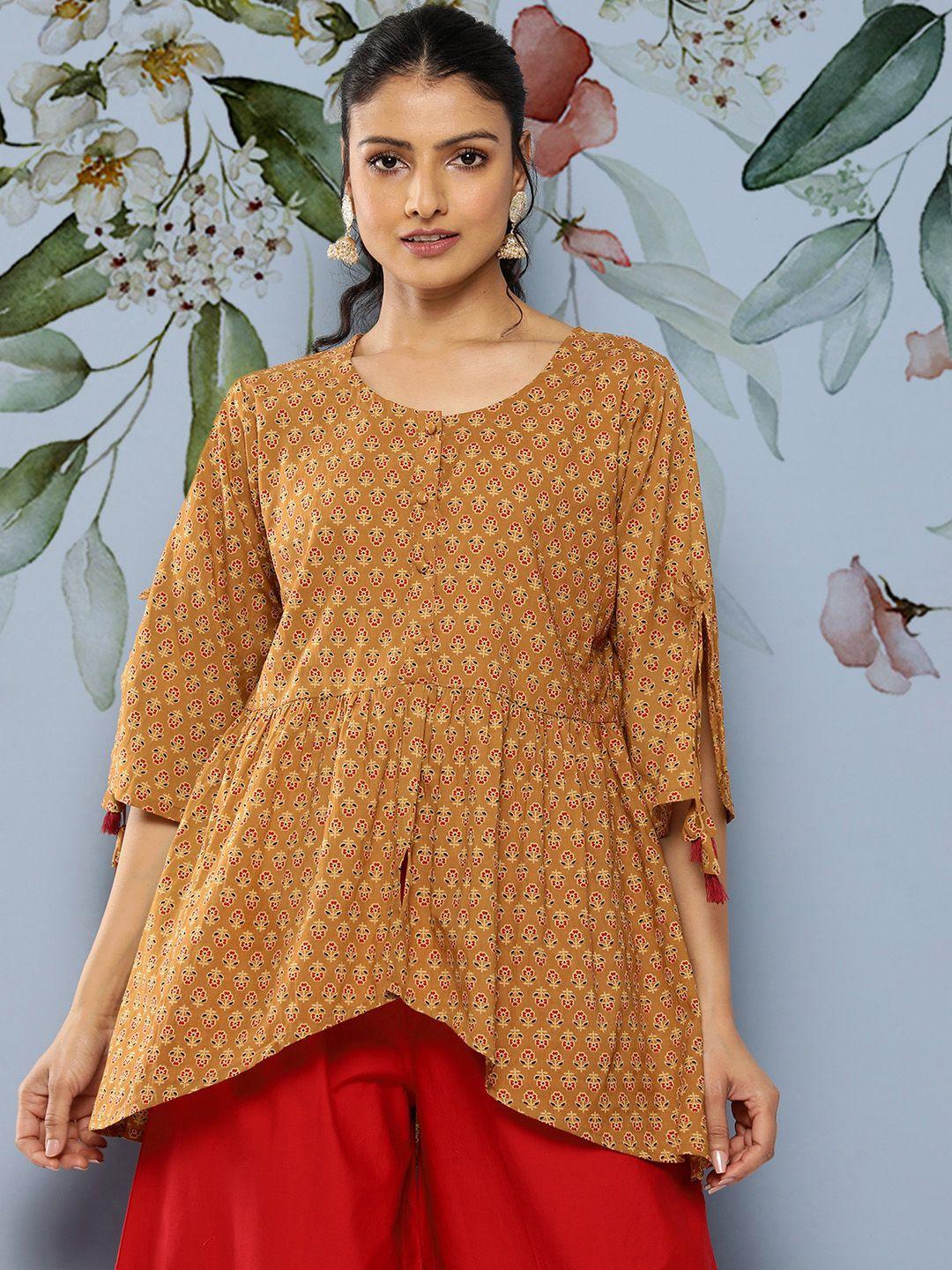 libas-floral-printed-flared-sleeves-pure-cotton-empire-tassels-details-kurti