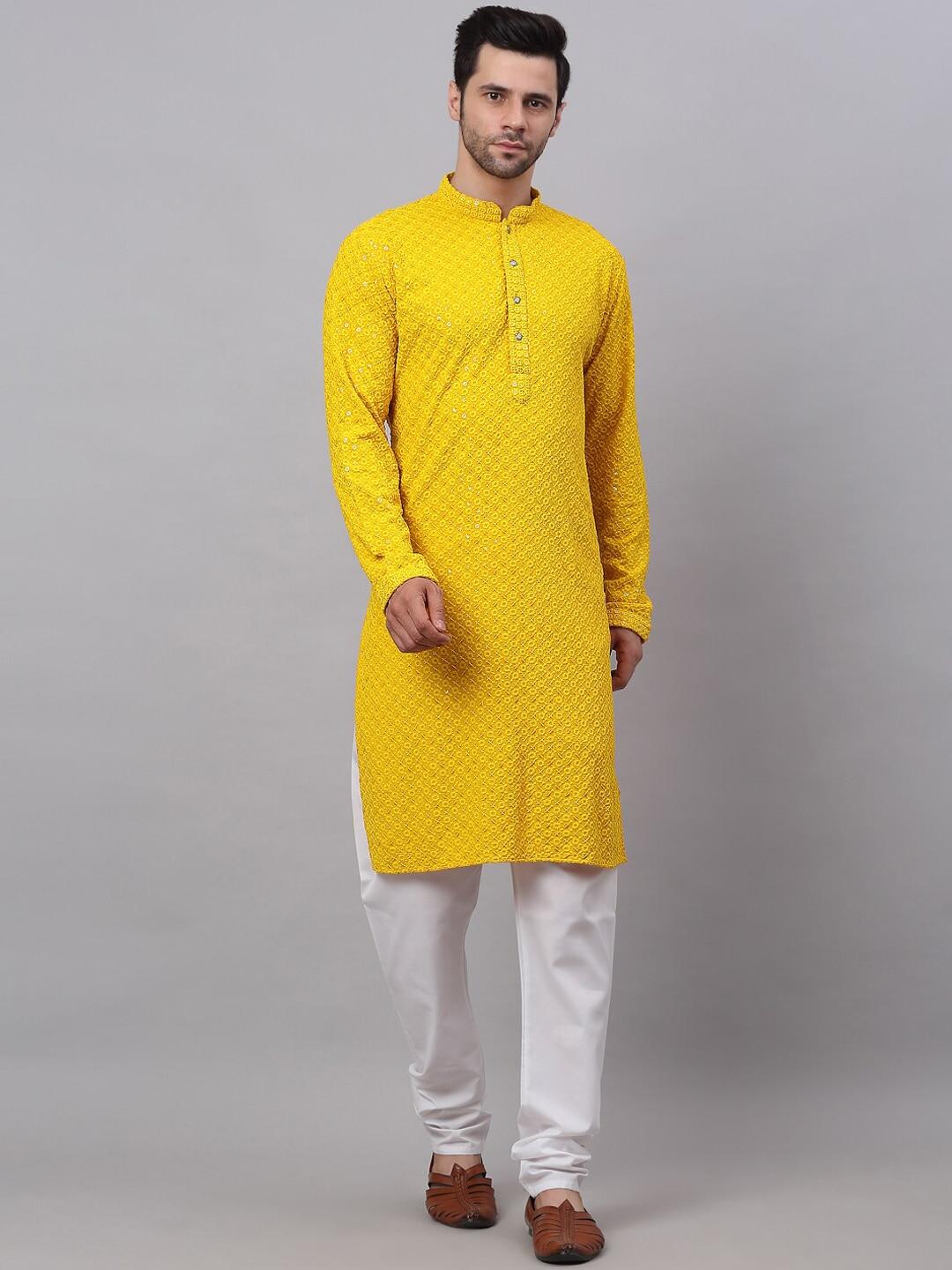 jompers-men-floral-embroidered-sequinned-pure-cotton-kurta-with-churidar