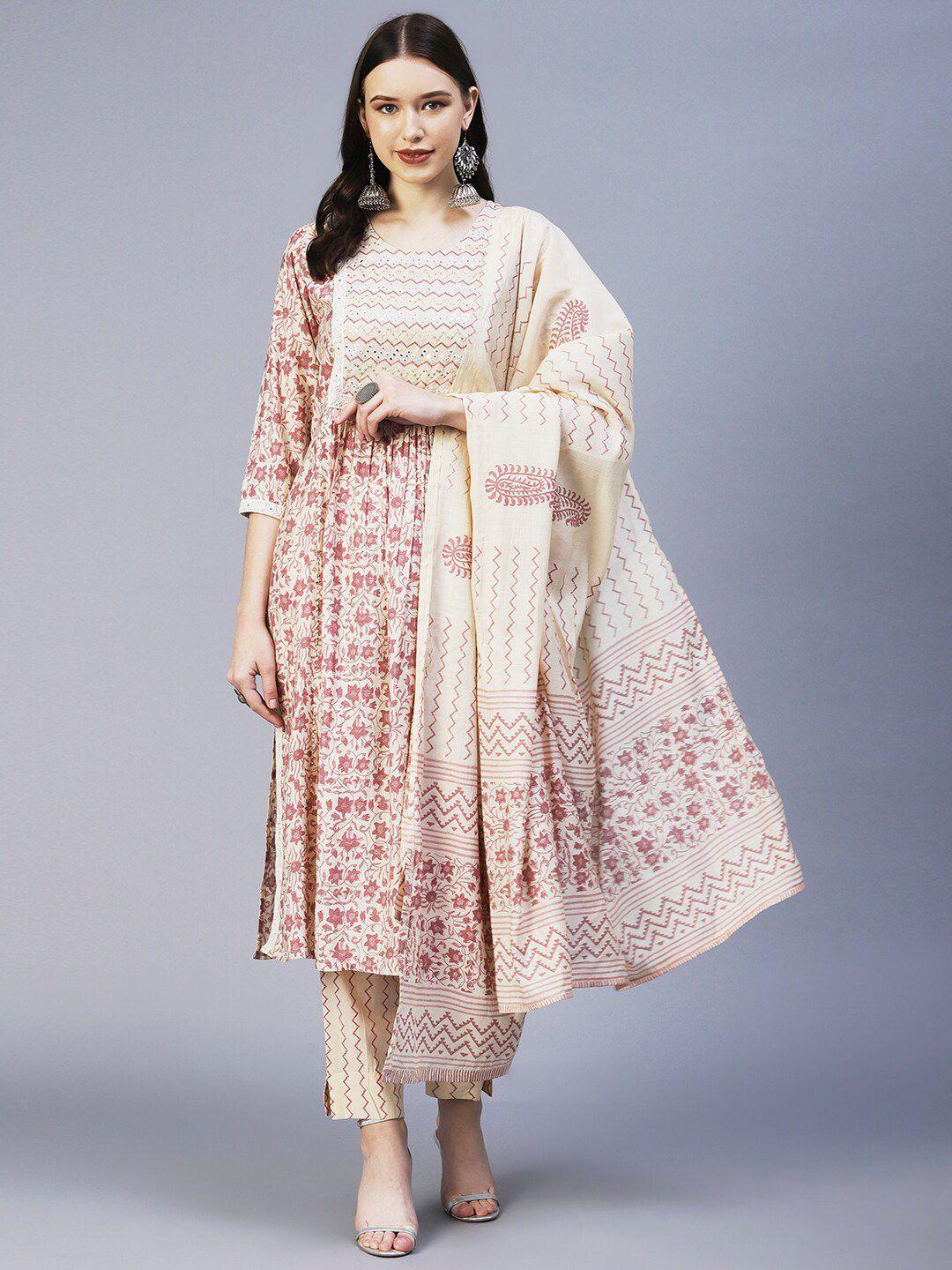 fashor-floral-embroidered-pleated-mirror-work-kurta-with-trousers-&-dupatta