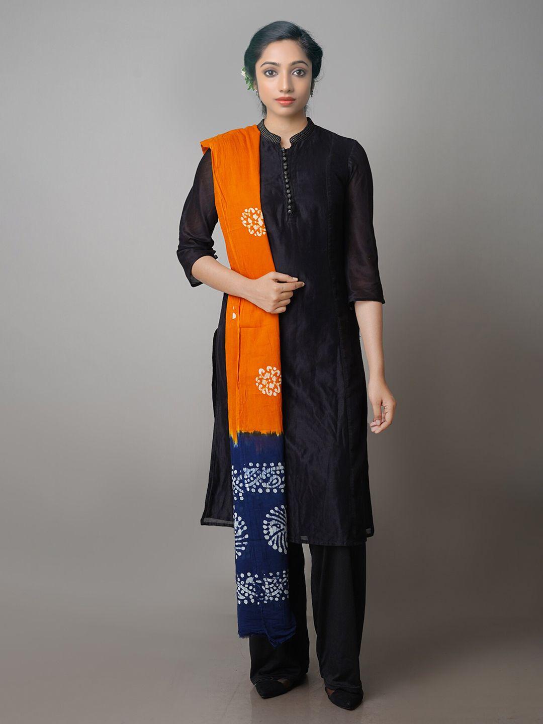 unnati-silks-orange-&-navy-blue-ethnic-motifs-dyed-pure-cotton-batik-dupatta