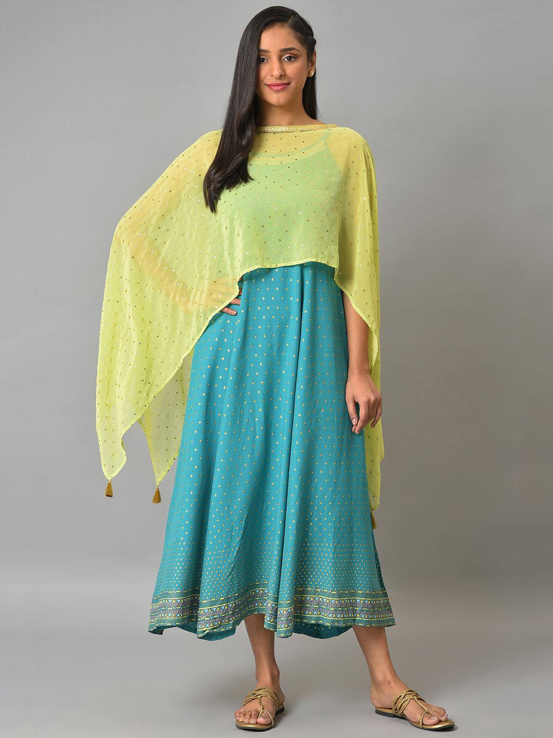 aurelia-blue-&-green-print-cape-sleeve-a-line-midi-dress