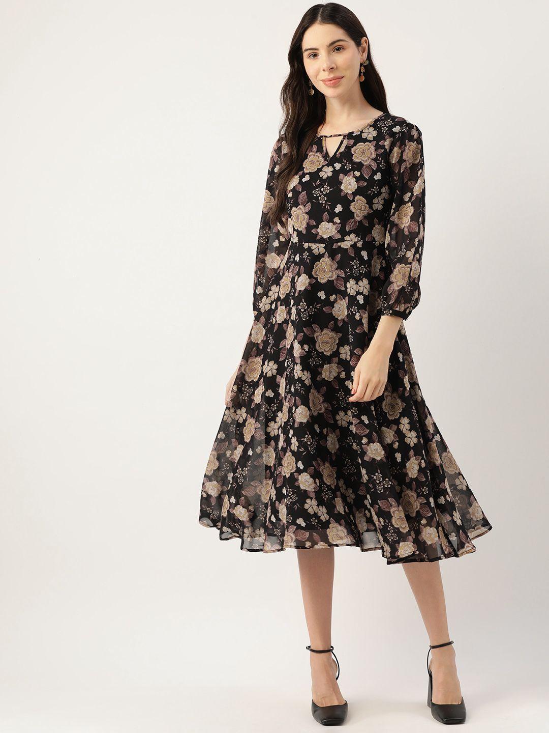 deewa-black-&-peach-coloured-floral-keyhole-neck-georgette-a-line-midi-dress