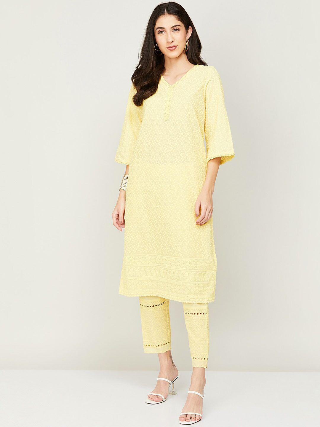 melange-by-lifestyle-women-floral-embroidered-thread-work-pure-cotton-kurta-with-trousers