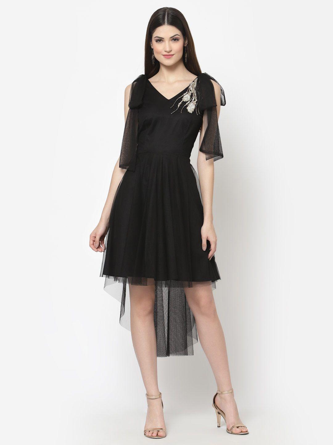 just-wow-net-slit-sleeves-high-low-fit-&-flare-dress