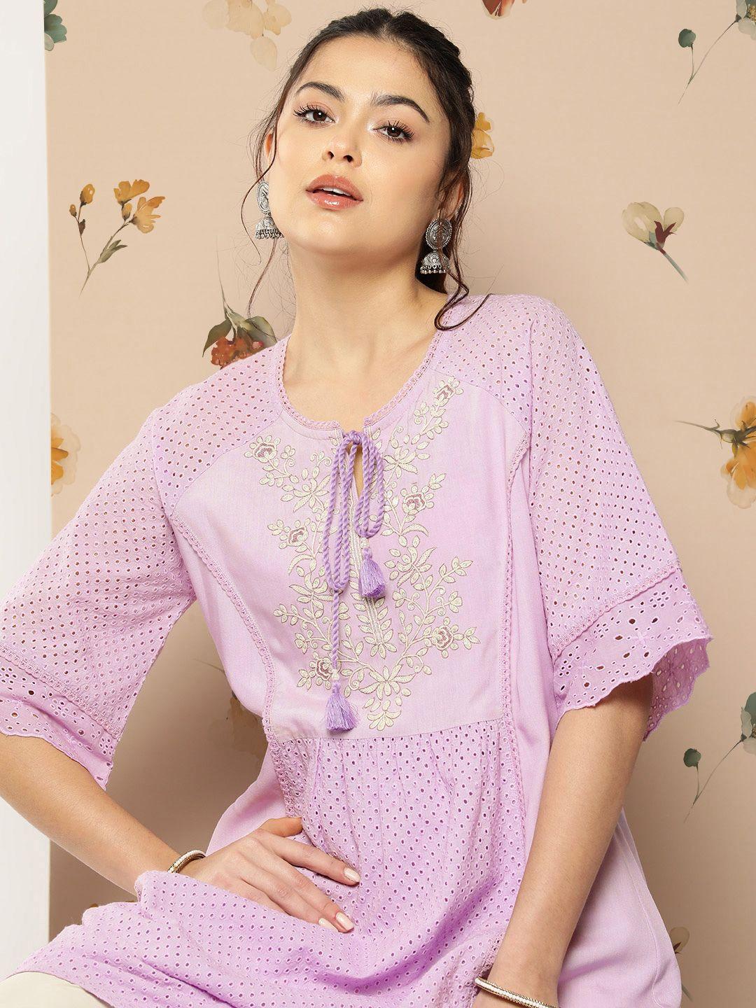 nayam-by-lakshita-floral-embroidered-tie-up-neck-flared-sleeves-kurti