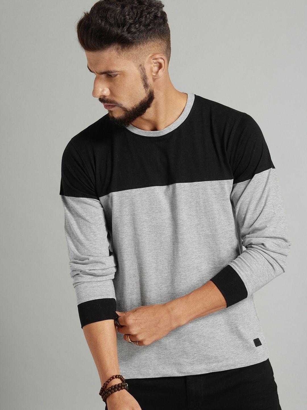 roadster-men-grey-melange-&-black-colourblocked-t-shirt