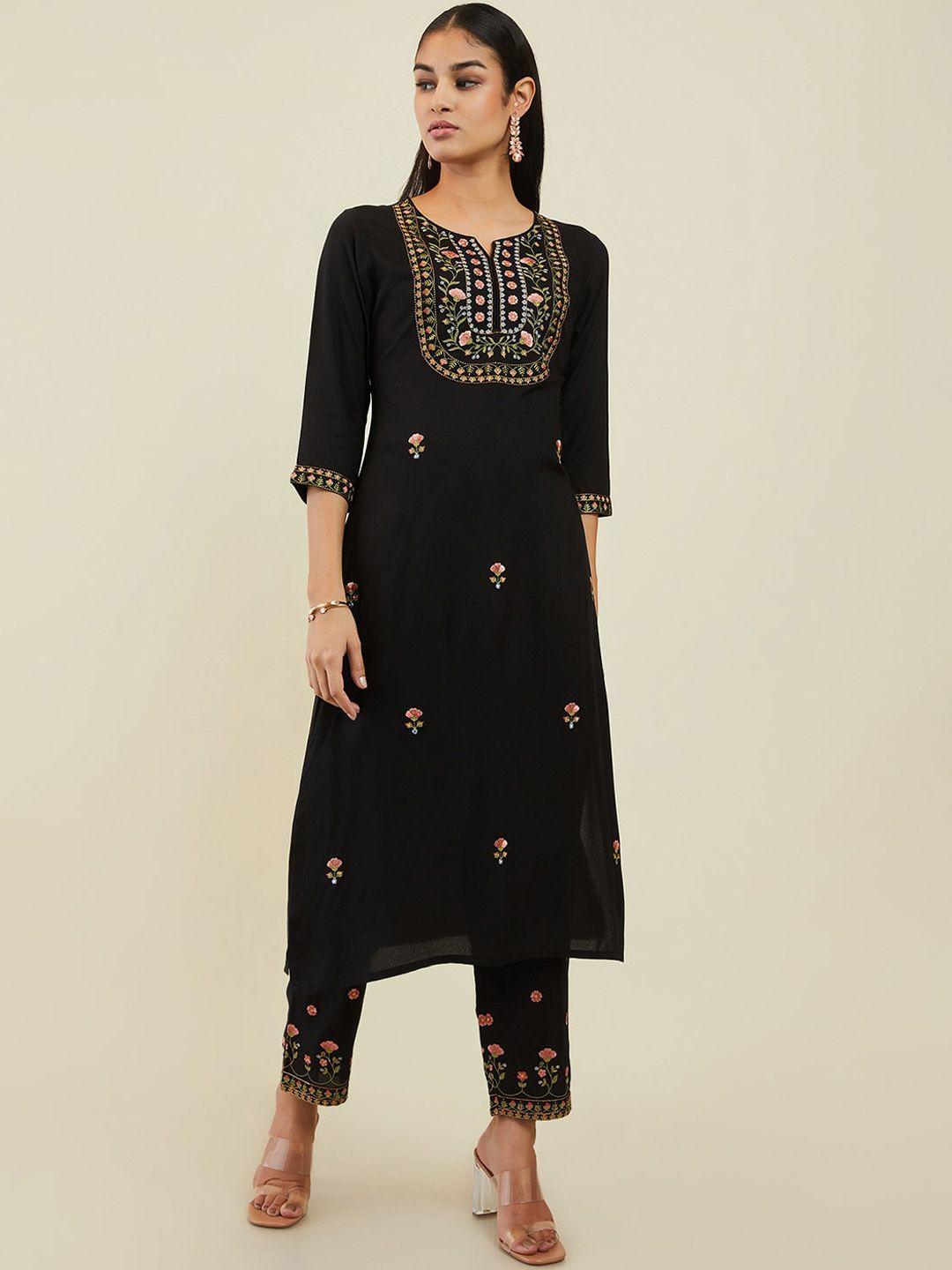 soch-women-floral-embroidered-notch-neck-kurta-with-trousers
