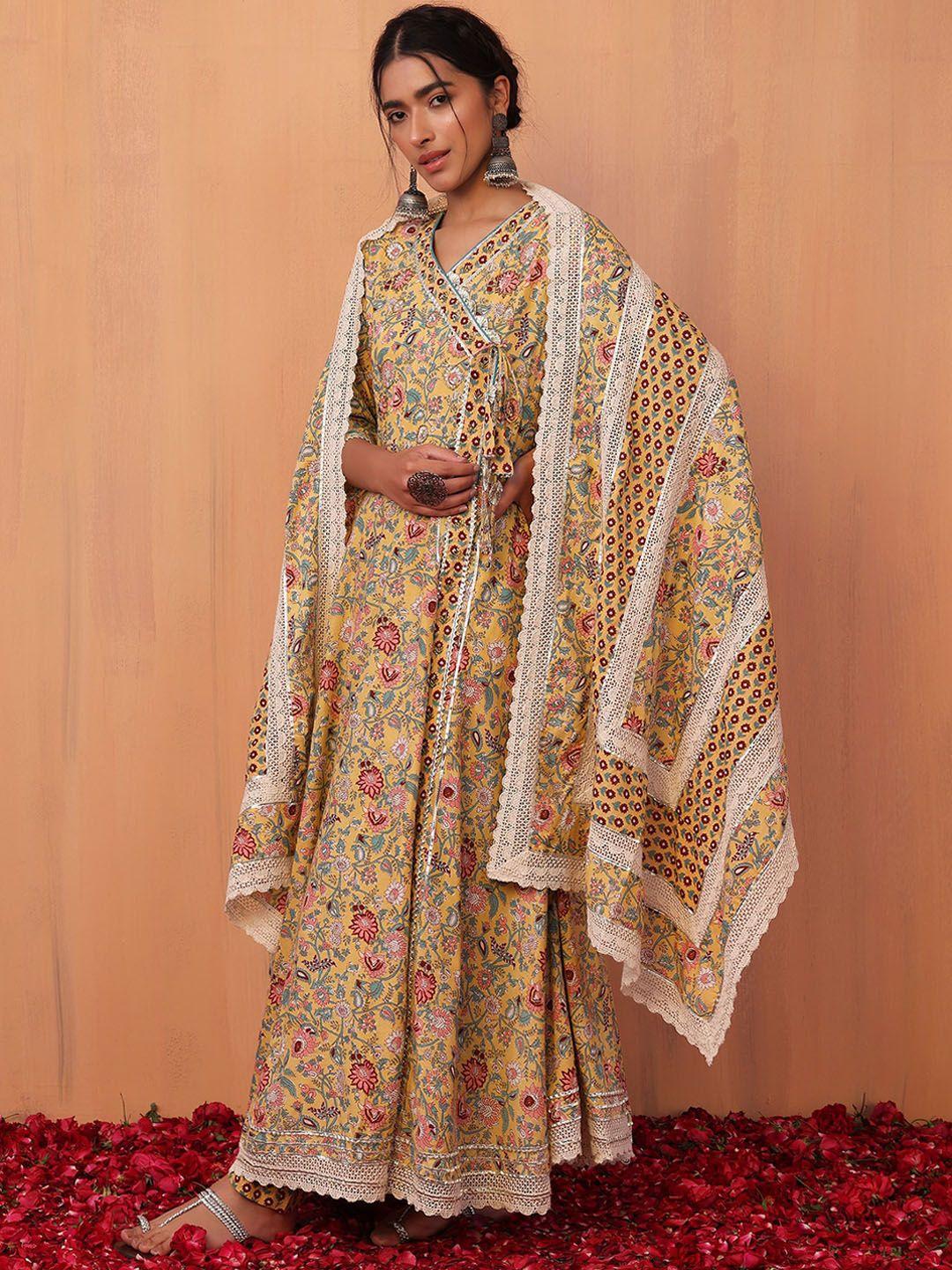 indya-floral-printed-&-embroidered-pure-cotton-anarkali-kurta-with-trouser-&-dupatta-set
