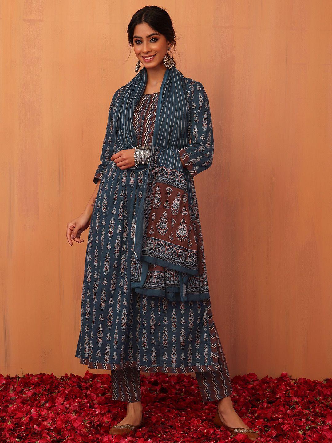 indya-women-ethnic-motifs-printed-sequinned-pure-cotton-kurta-with-trousers-&-dupatta