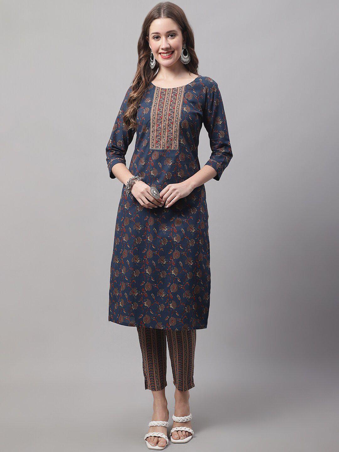 vredevogel-women-floral-printed-sequined-pure-cotton-kurta-with-trousers-&-dupatta