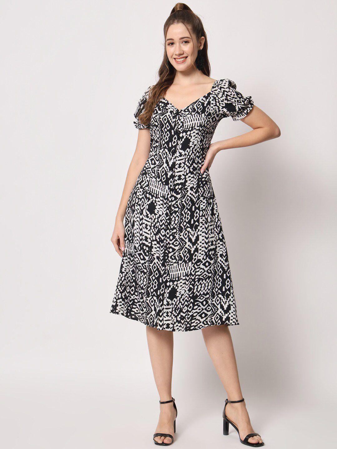 charmgal-v-neck-puff-sleeves-abstract-printed-fit-&-flare-dress