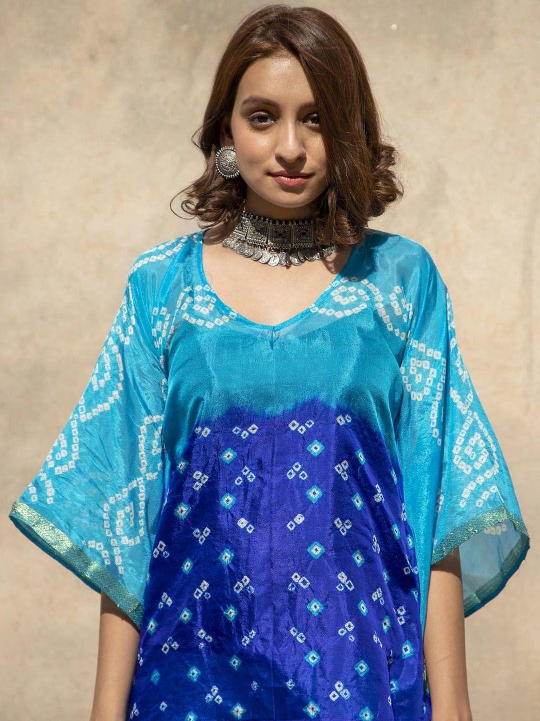 zanaash-bandhani-printed-v-neck-flared-sleeves-kaftan-kurti