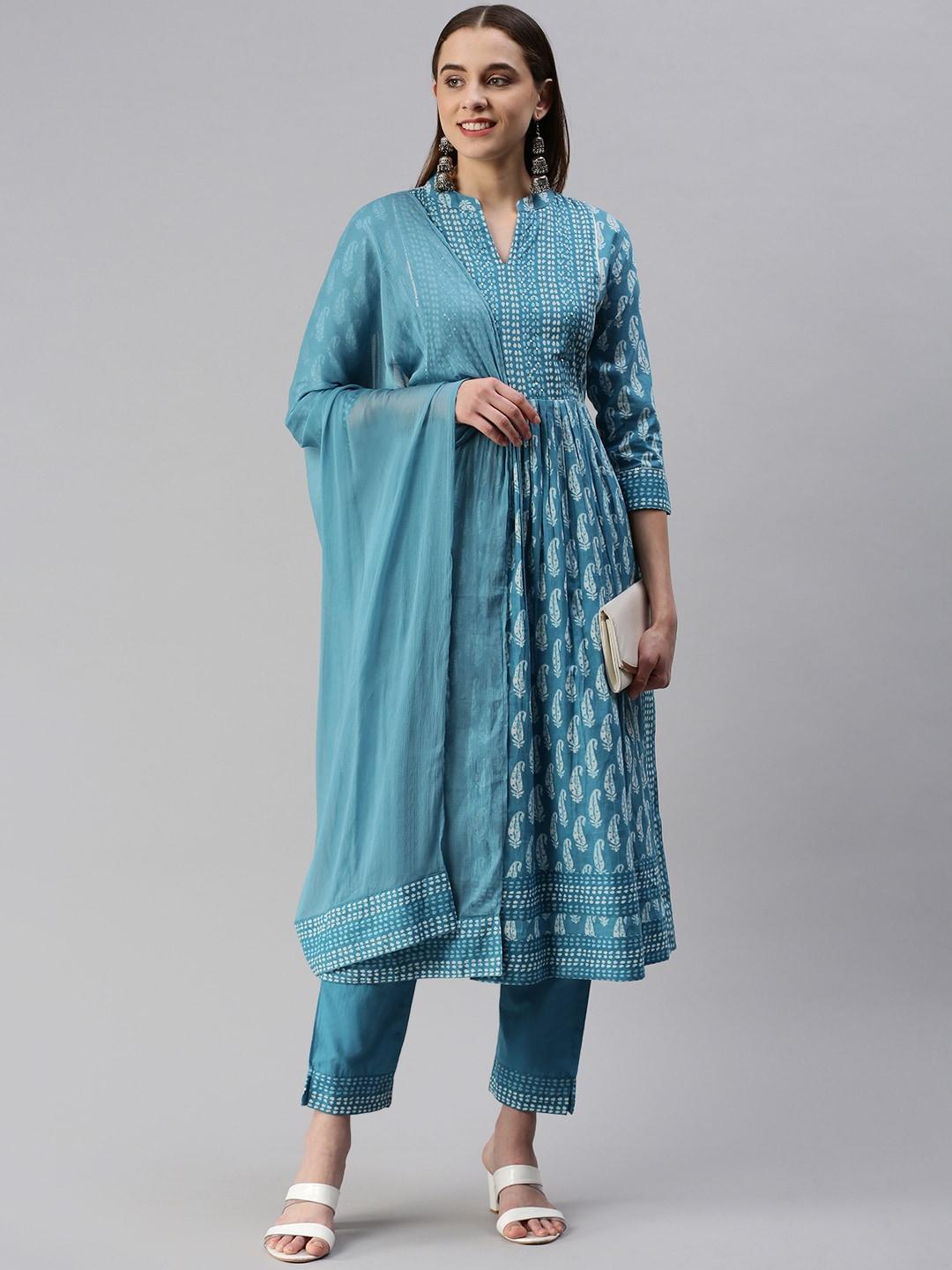 kipek-ethnic-motifs-printed-pleated-sequinned-a-line-kurta-with-trousers-&-with-dupatta