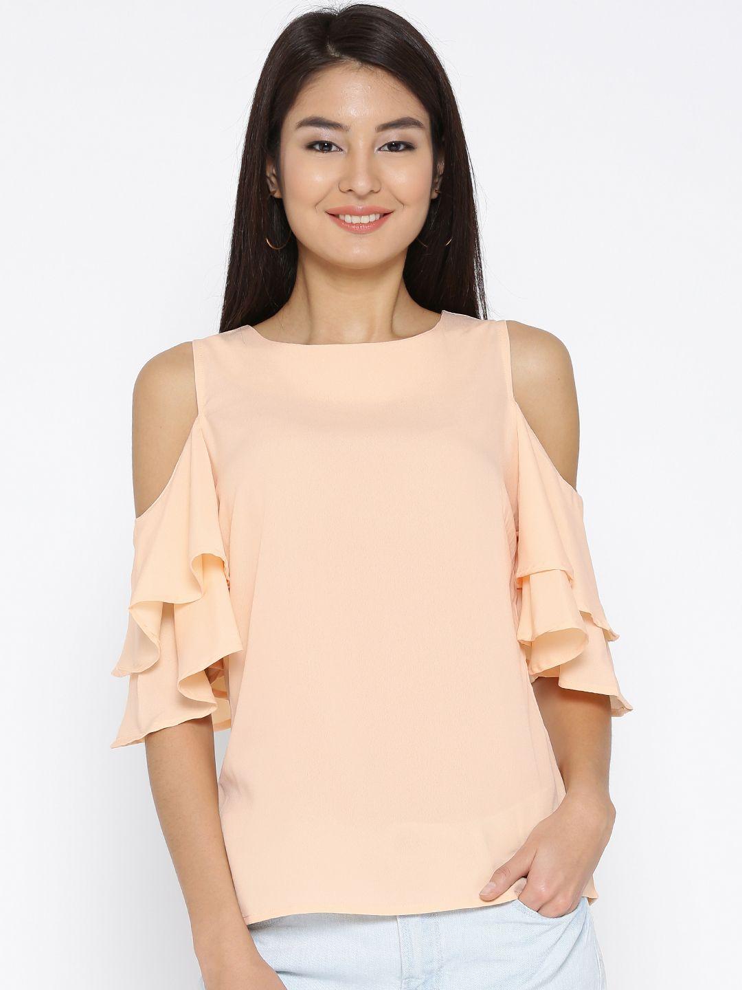 sera-women-peach-coloured-solid-cold-shoulder-top