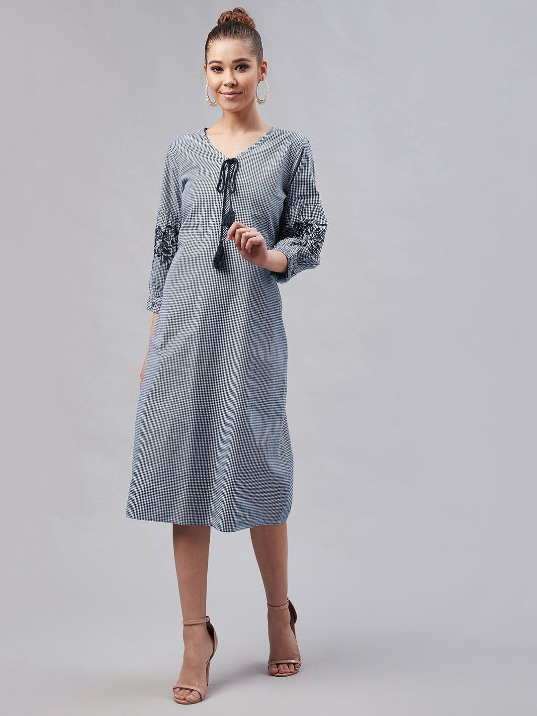 carlton-london-checked-embroidered-tie-up-neck-a-line-midi-dress