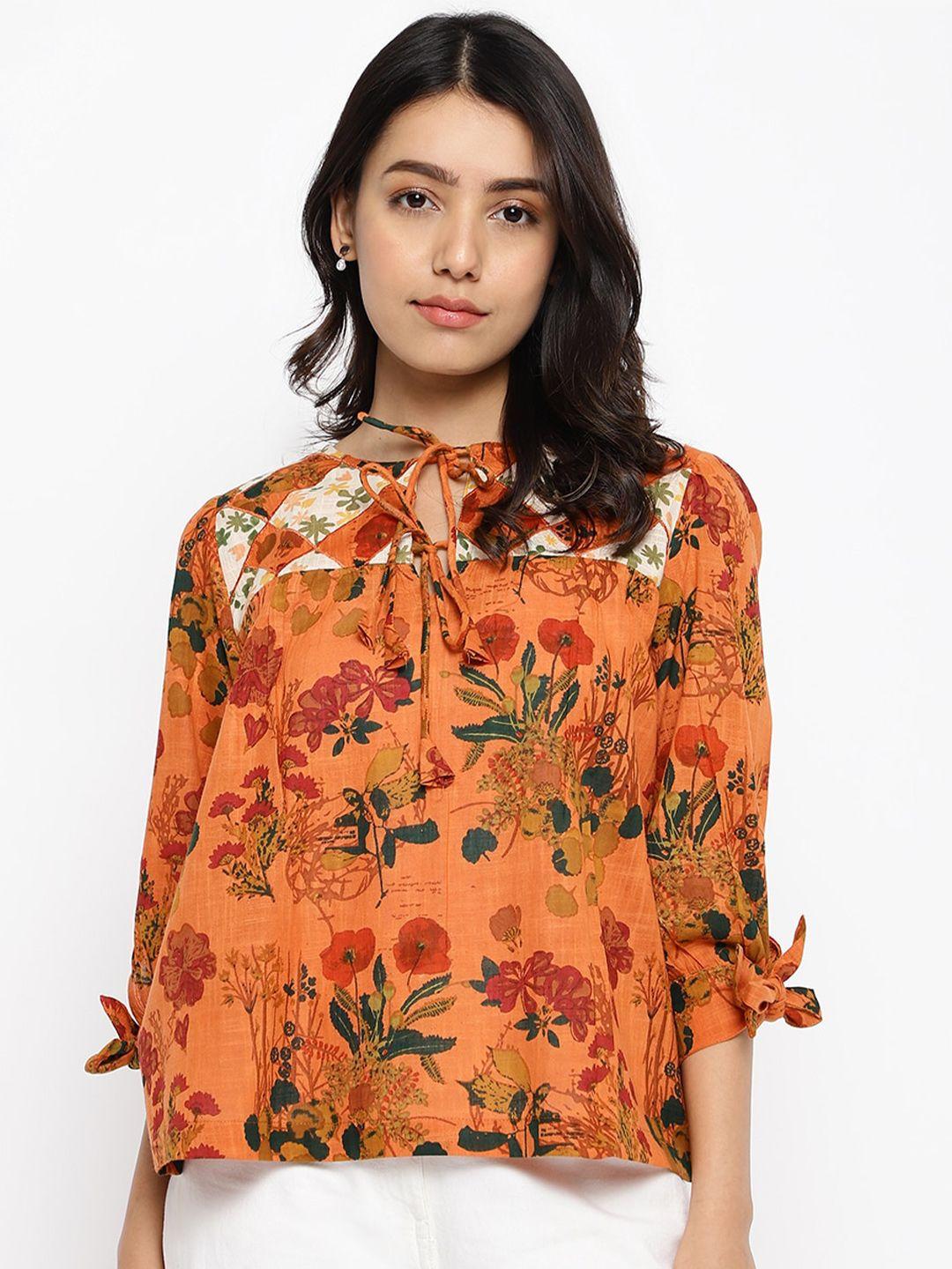 fabindia-floral-printed-tie-up-neck-puff-sleeves-cotton-top