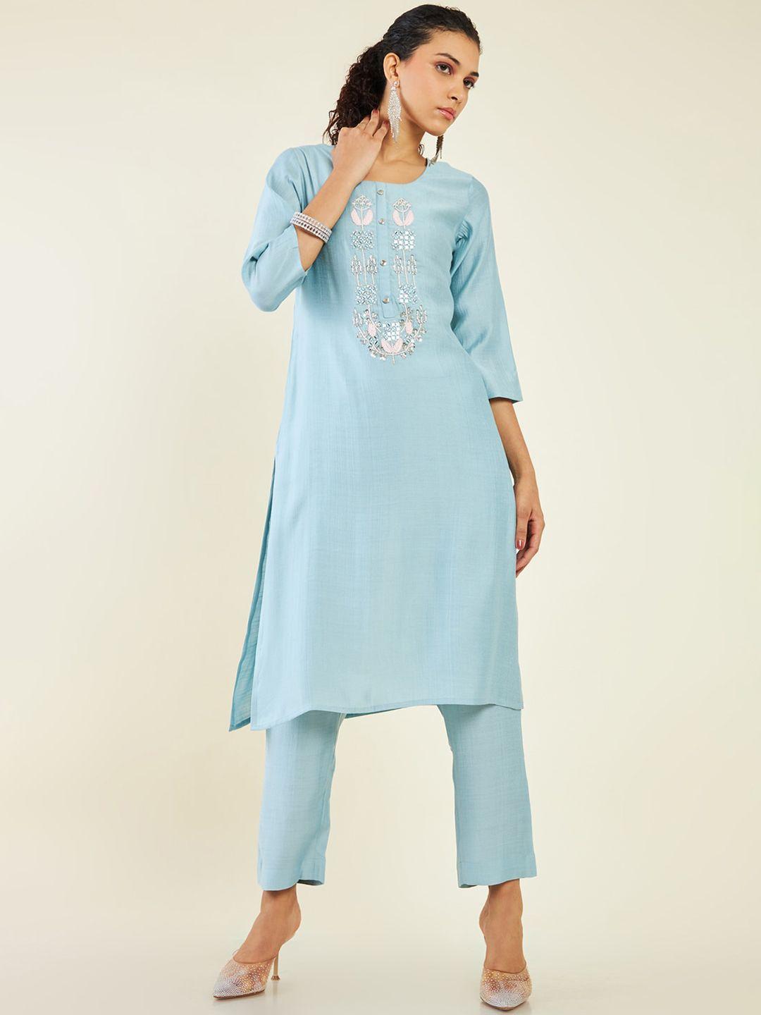 soch-floral-embroidered-mirror-work-kurta-with-trousers