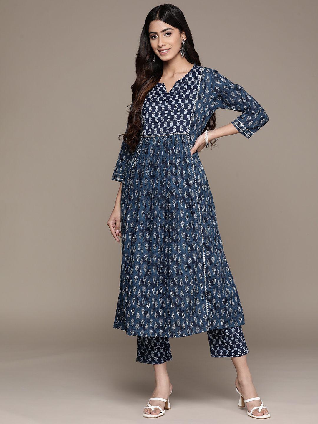 anubhutee-women-navy-blue-floral-printed-gotta-patti-pure-cotton-kurta-with-trousers