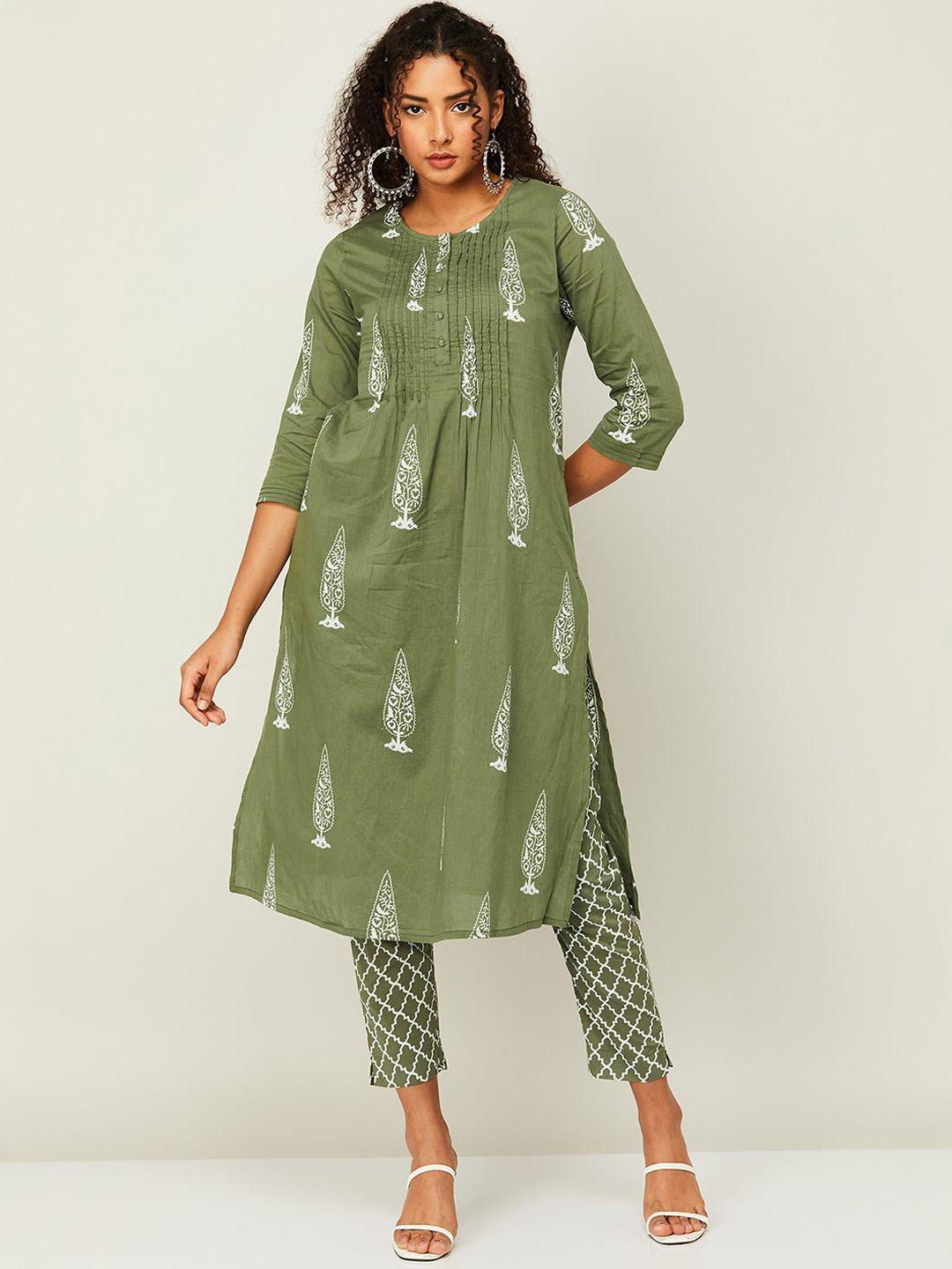 melange-by-lifestyle-ethnic-motifs-printed-pleated-a-line-pure-cotton-kurta-with-pyjamas
