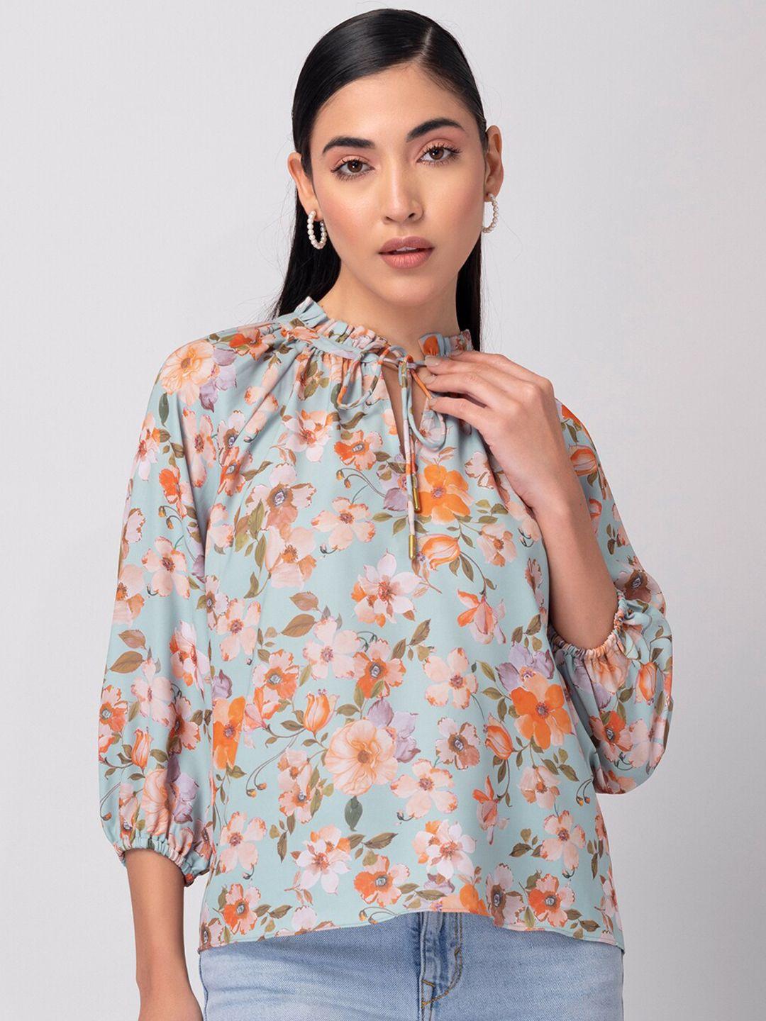 faballey-blue-floral-print-tie-up-neck-crepe-top