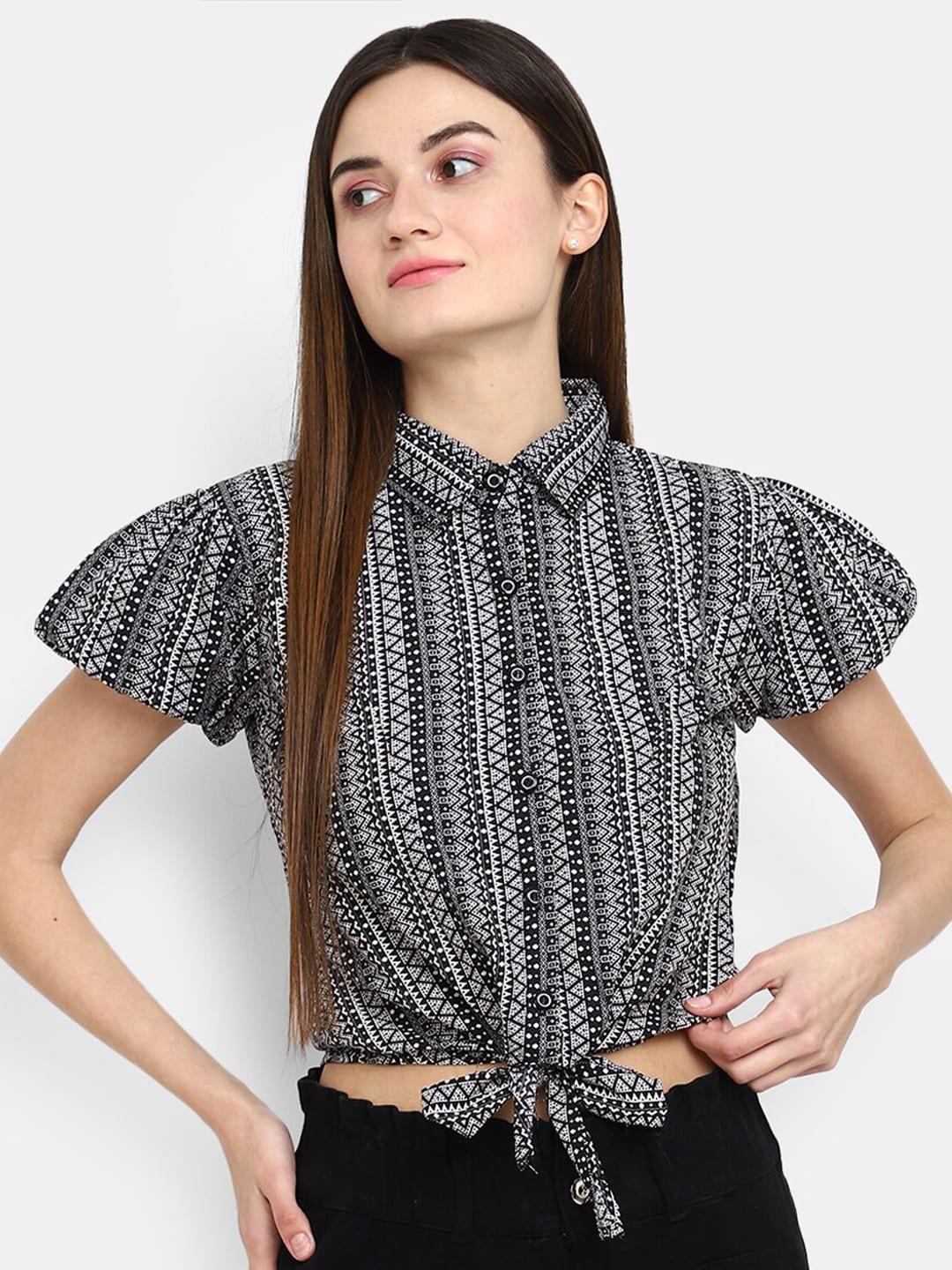 v-mart-geometric-printed-puff-sleeves-shirt-style-crop-top