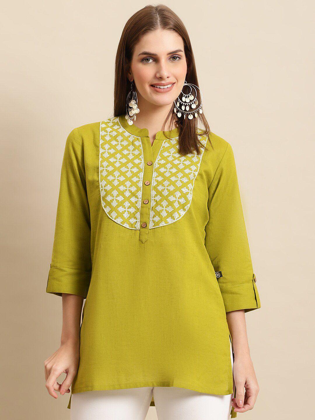 pistaa-geometric-embroidered-mandarin-collar-roll-up-sleeves-kurti