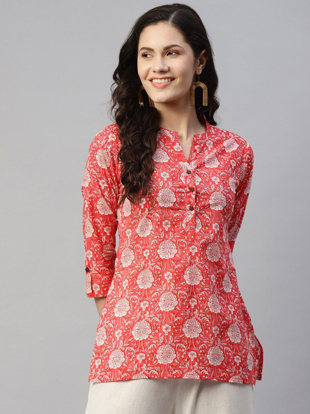 malhaar-floral-printed-pure-cotton-mandarin-collar-roll-up-sleeves-kurti