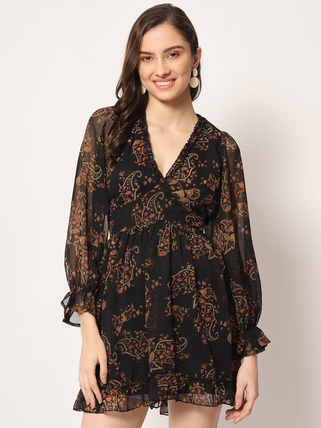 here&now-floral-printed-v-neck-fit-&-flare-mini-dress