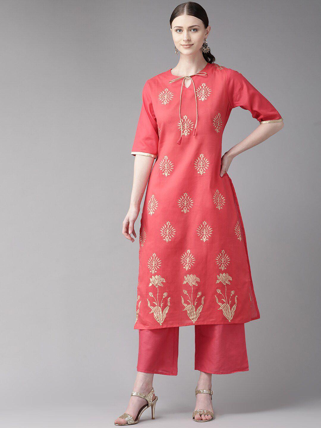bhama-couture-ethnic-motif-printed-tie-up-neck-straight-kurta-with-palazzos